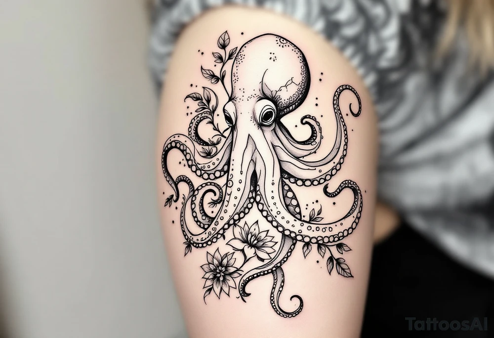 realistic octopus, detailed linework, intricate, black-and-grey shading, elegant floral vine, intertwining tentacles, thin black swirling lines, semi-transparent brown leaves, delicate mandala flower, dotwork, ornamental flourishes, radiating design, fine-line style, minimalistic, organic flow, feminine, artistic, slightly surreal, seamless composition, marine botanical fusion, lifelike texture, graceful rhythm, natural growth integration, body-following design, smooth shading, soft leaves wrapping, blooming shoulder flower, outward radiating pattern, vine tentacle flow, integrated sea creature, botanical octopus curved body placement, natural organic movement tattoo idea