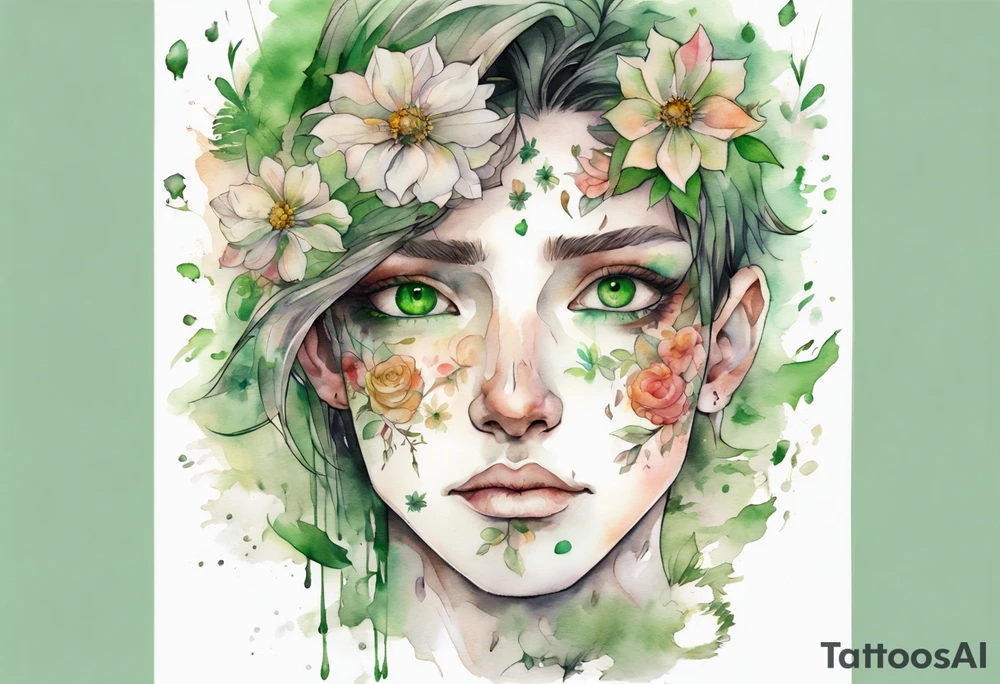 a handsome face covered in flowers with green eyes tattoo idea