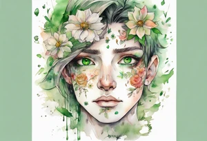 a handsome face covered in flowers with green eyes tattoo idea