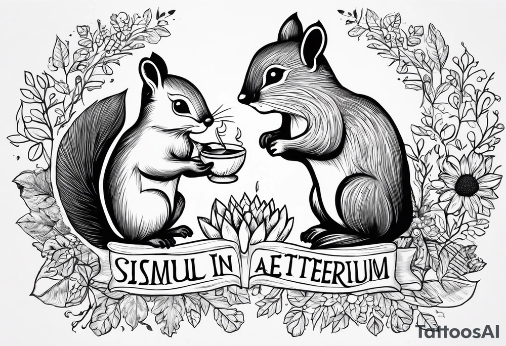 Draw a squirrel and an hedgehog accompanied by the writing “simul in aeternum” tattoo idea