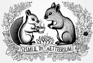 Draw a squirrel and an hedgehog accompanied by the writing “simul in aeternum” tattoo idea