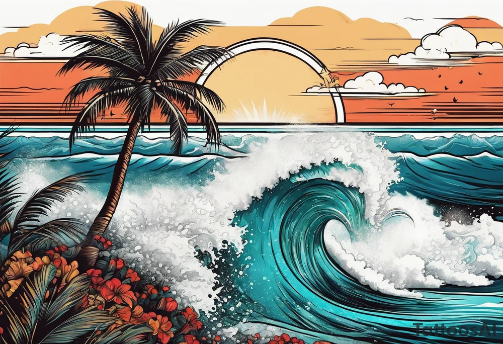 Retro design with a coffee mug and ocean waves, palm trees tattoo idea
