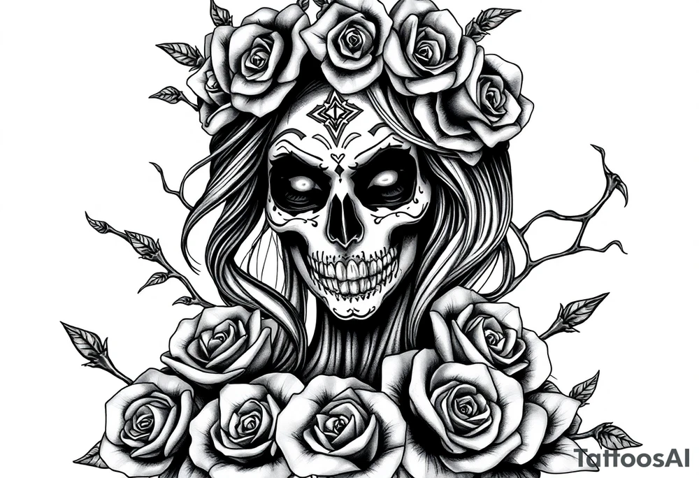 Powerful and evil day of the dead woman,  surrounded by unclaimed souls and roses tattoo idea