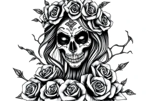 Powerful and evil day of the dead woman,  surrounded by unclaimed souls and roses tattoo idea