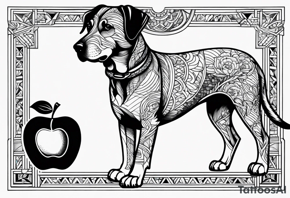 a hound with foot on an apple tattoo idea