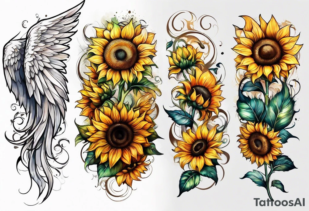 Sunflowers and angel wings leg sleeve tattoo idea