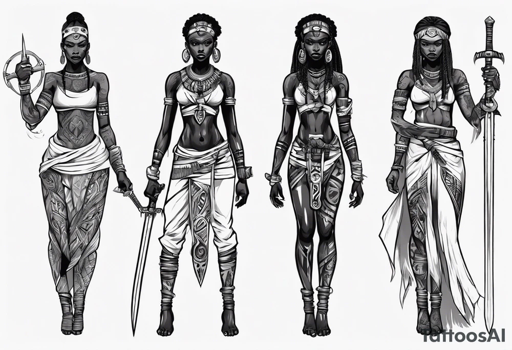 African female full body valkyre slim face holding out sword in both hands tattoo idea
