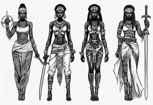 African female full body valkyre slim face holding out sword in both hands tattoo idea