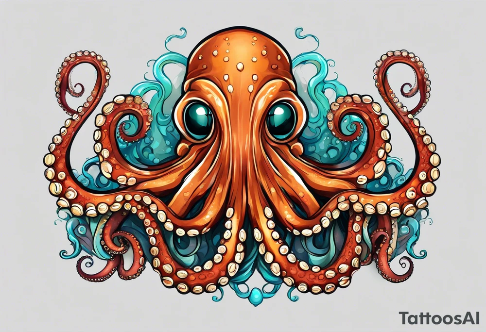 friendly looking, large and long octopus with multiple tentacles and suckers  that would be designed to drape around an arm tattoo idea