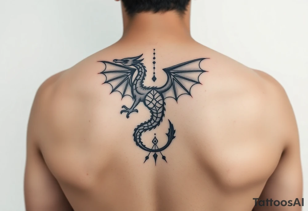 A symbolic back tattoo featuring a minimalist tribal-style dragon, incorporating Amazigh (Berber) symbols for strength, freedom, and identity. The design should reflect themes of transformation, grounding, and soul direction, resonating with a journey of inner rebirth and spiritual embodiment. Style: fine linework, sacred geometry, tribal influence, and dotwork. Ink: black or dark brown. tattoo idea