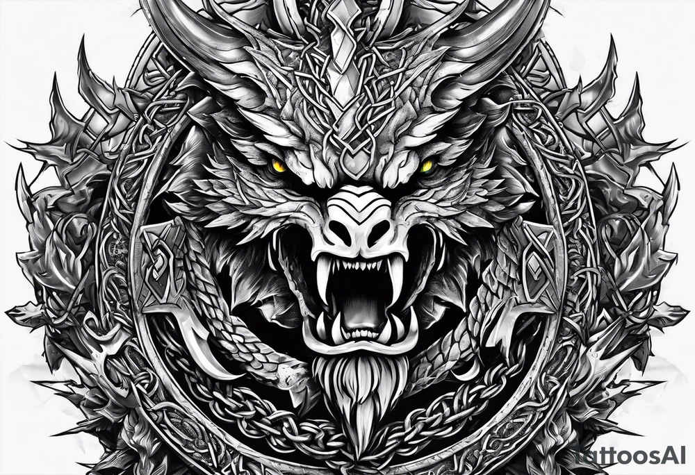 Valhalla sword shield dragon axe Valknut barbed wire chains tattoo idea