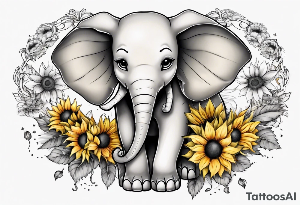 Under boob sternum baby elephant with sunflowers tattoo idea