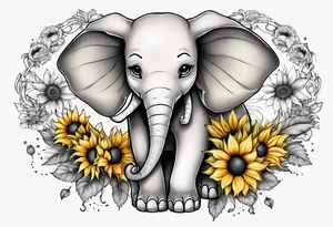 Under boob sternum baby elephant with sunflowers tattoo idea