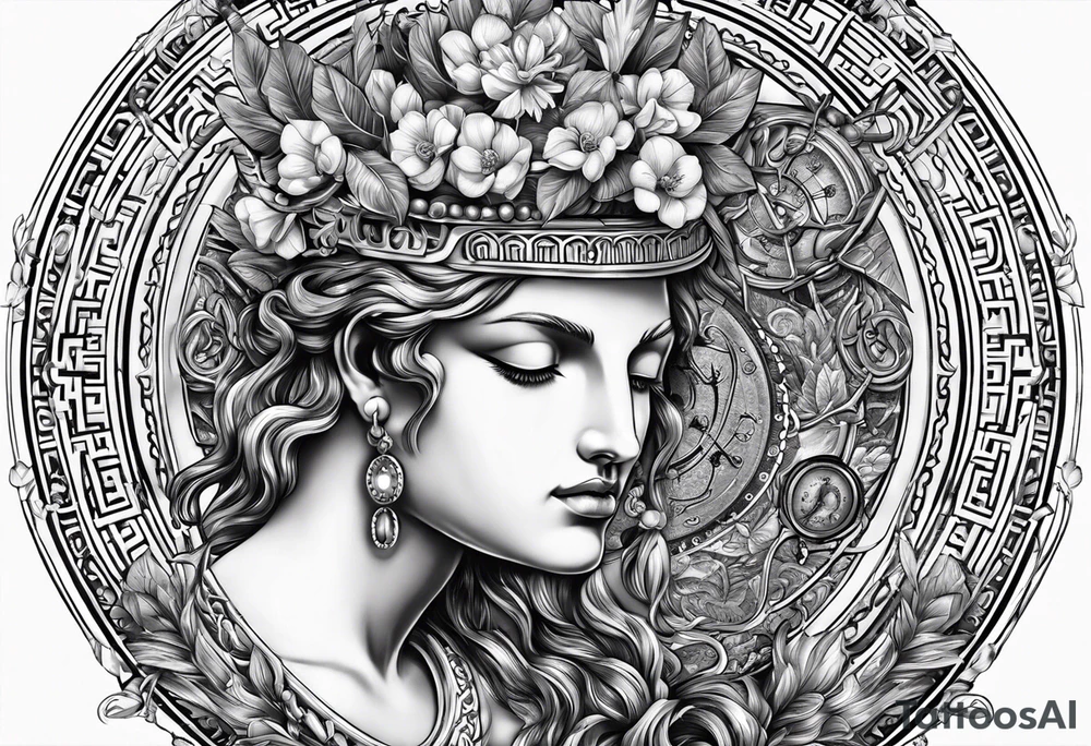 Greek god, timeless clock, rosary tattoo idea