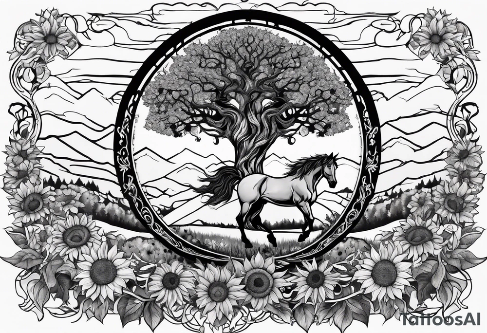 Yggdrasil tree, horse in front of it, and sunflowers tattoo idea