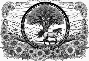 Yggdrasil tree, horse in front of it, and sunflowers tattoo idea