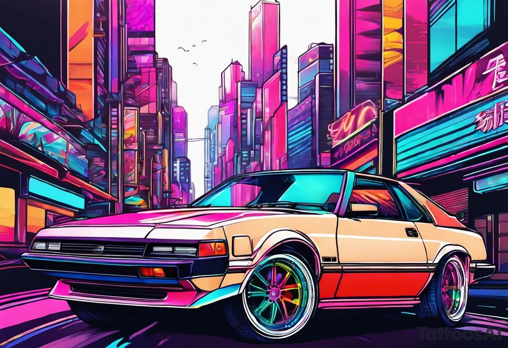 Car.driving through Synthwave cityscape tattoo idea