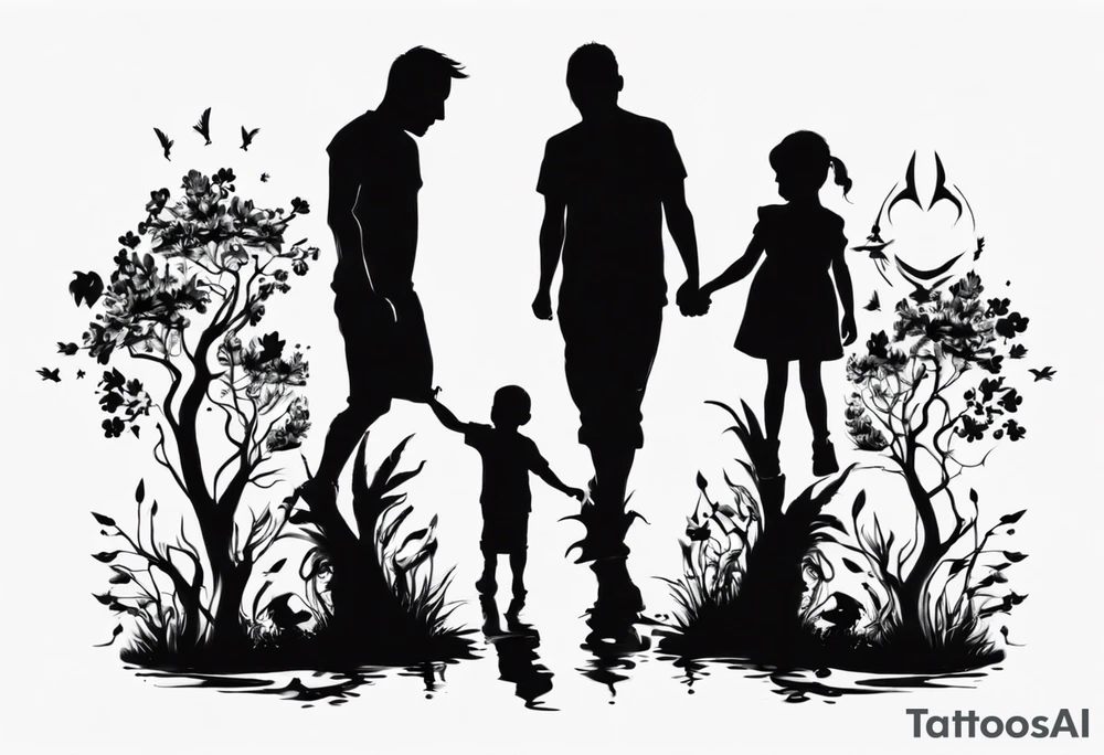 Dad and two kids silhouette tattoo idea