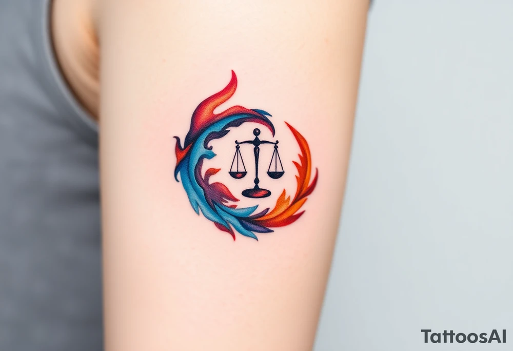 A stylized yin-yang symbol made of swirling water and fire, with a delicate balance scale in the center, representing karmic opposition. tattoo idea