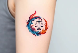 A stylized yin-yang symbol made of swirling water and fire, with a delicate balance scale in the center, representing karmic opposition. tattoo idea