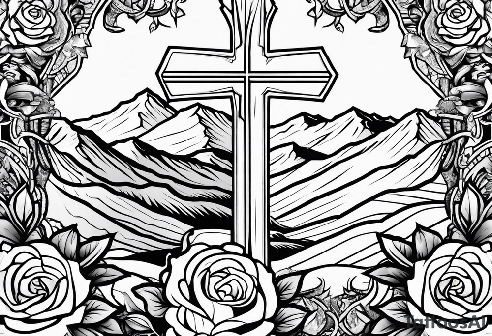 make a forearm sleeve that portraits Jesus Christ cross and mountains with roses tattoo idea