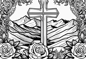 make a forearm sleeve that portraits Jesus Christ cross and mountains with roses tattoo idea