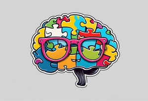 anthropomorphic brain wearing glasses, made of puzzle pieces tattoo idea