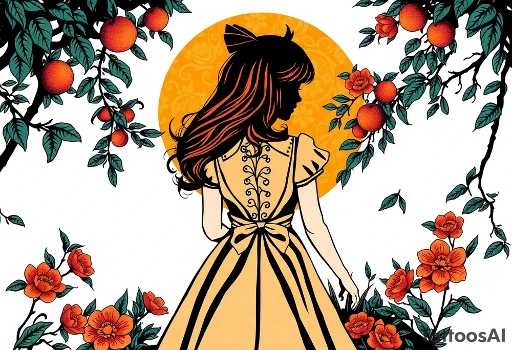 Alice in wonderland silhouette. Perspective from the back. She is entering a garden and seeing an orange tree. tattoo idea
