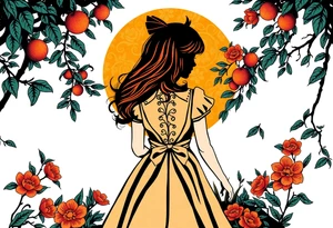Alice in wonderland silhouette. Perspective from the back. She is entering a garden and seeing an orange tree. tattoo idea