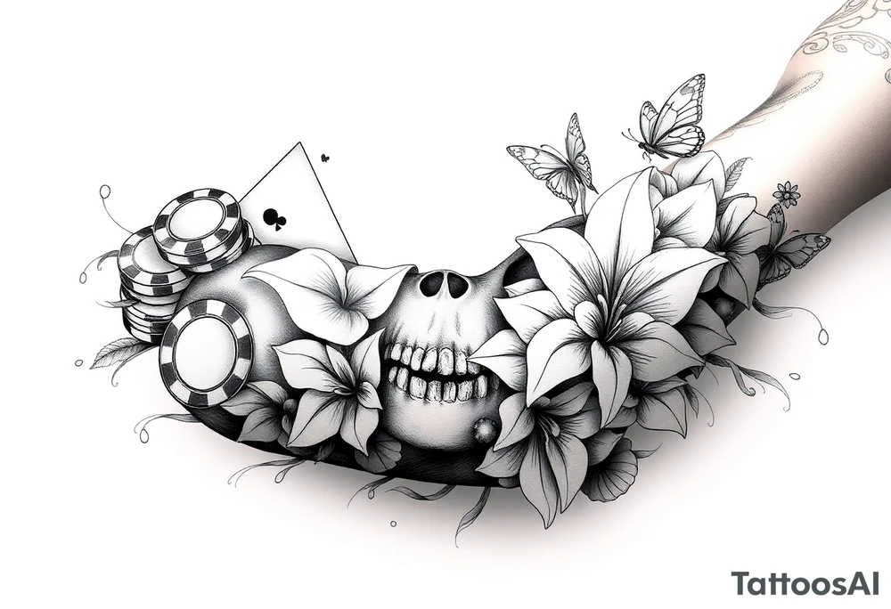 Casino only theme , poker chips deck of cards dice a skull with lily flowers
 with raindrop swirls and butterfly’s tattoo idea