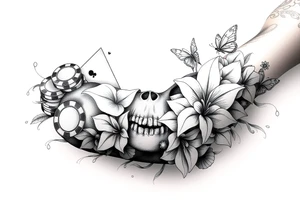 Casino only theme , poker chips deck of cards dice a skull with lily flowers
 with raindrop swirls and butterfly’s tattoo idea