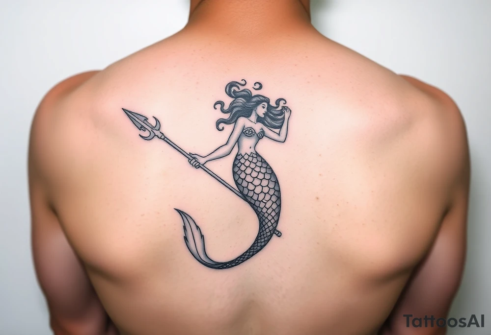 realistic mermaid with trident tattoo idea