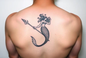realistic mermaid with trident tattoo idea