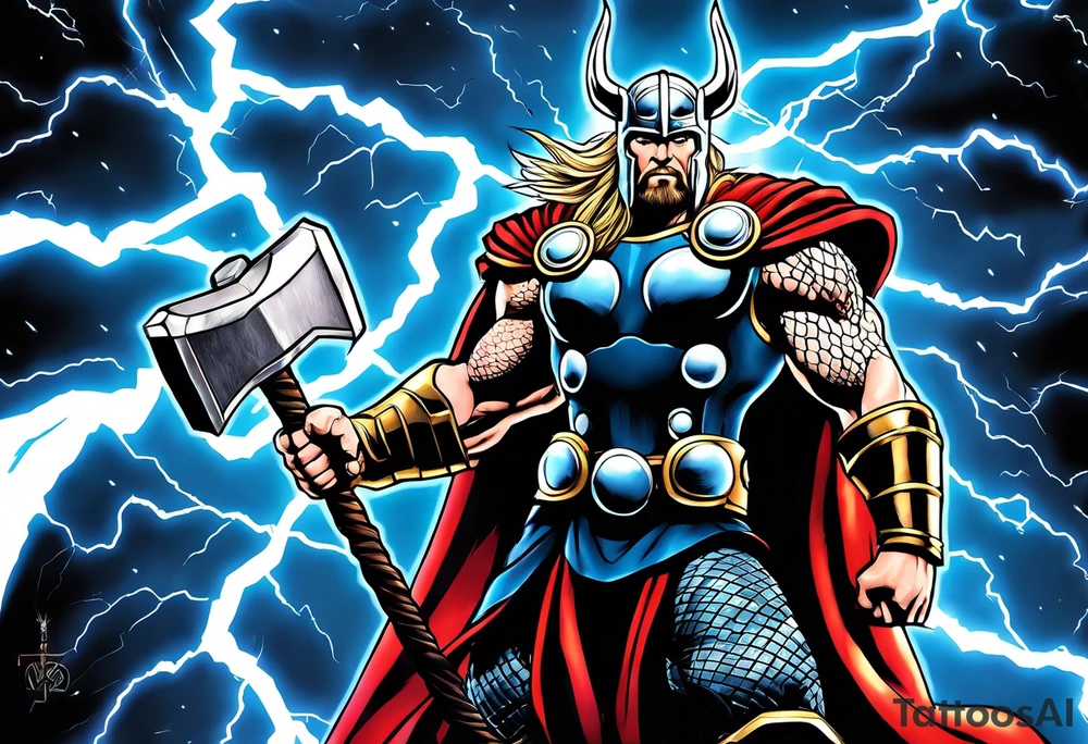 The Mighty Thor  with lightning in the background tattoo idea