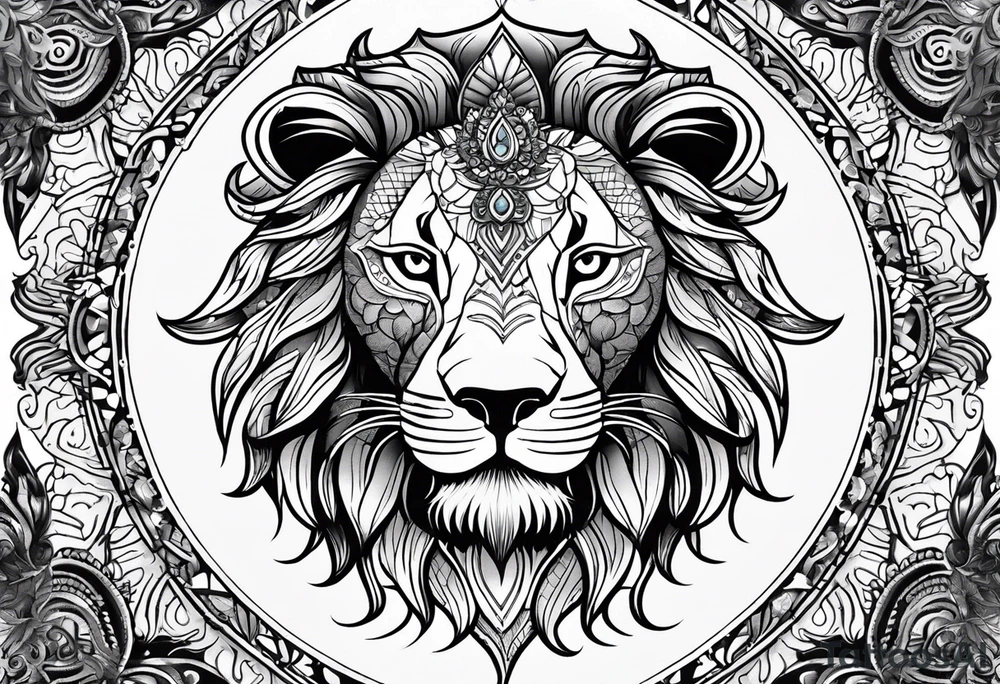 Half lion face half ornate mandala tattoo idea