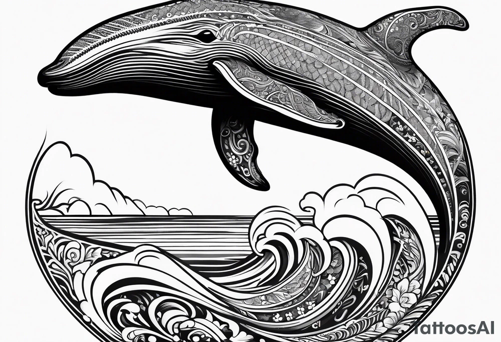 Hawaiian whale breaching vertical paisley tattoo idea
