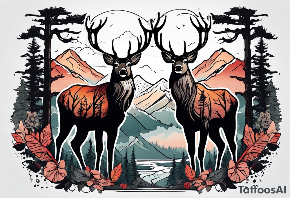 deer head mountain forest tattoo idea