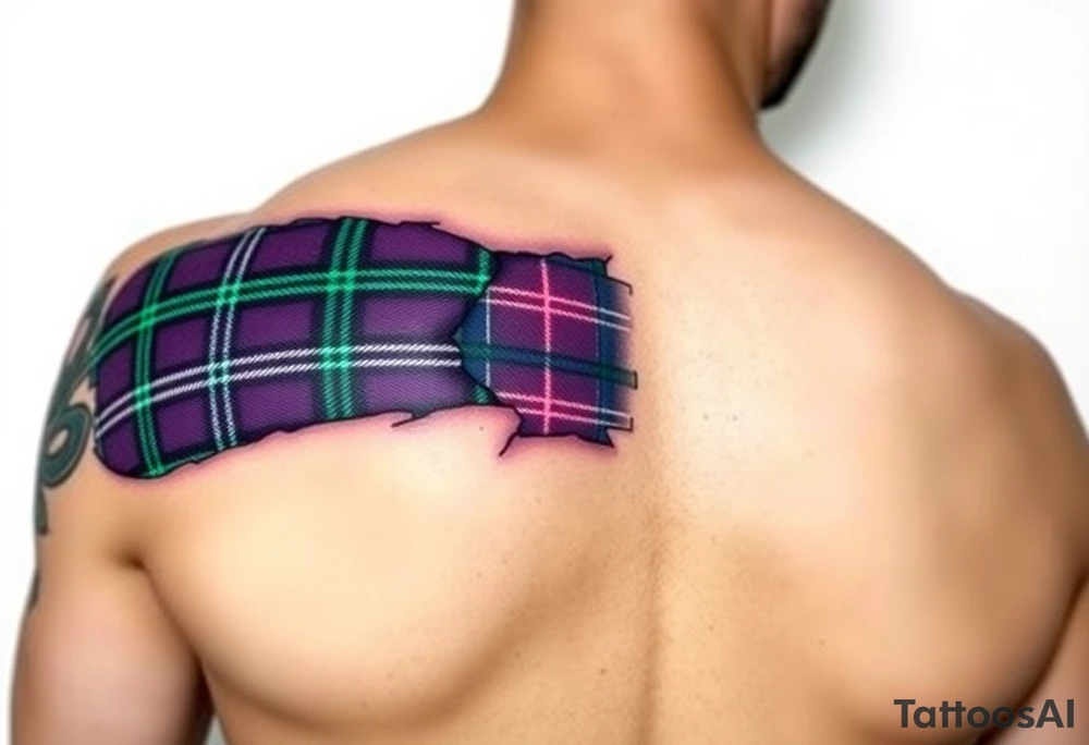Dark Purple with green pink blue and white highlights tartan fabric on bicep with skin ripping away to reveal tartan underneath tattoo idea