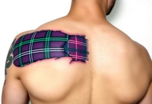 Dark Purple with green pink blue and white highlights tartan fabric on bicep with skin ripping away to reveal tartan underneath tattoo idea