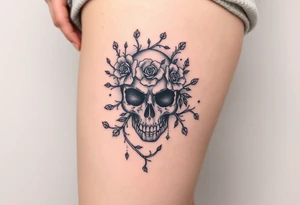 ornate skull adorned with crown of wild roses and thorns tattoo idea