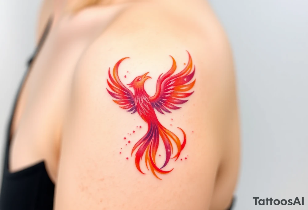 Square, phoenix rising from fire, colors red, pink, orange and purple. tattoo idea