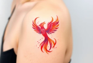 Square, phoenix rising from fire, colors red, pink, orange and purple. tattoo idea