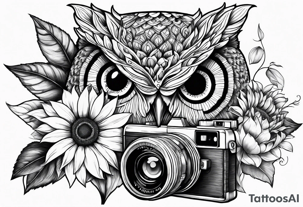 sunflower, camera, fish, owl tattoo idea