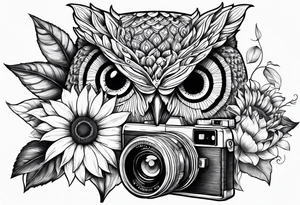 sunflower, camera, fish, owl tattoo idea