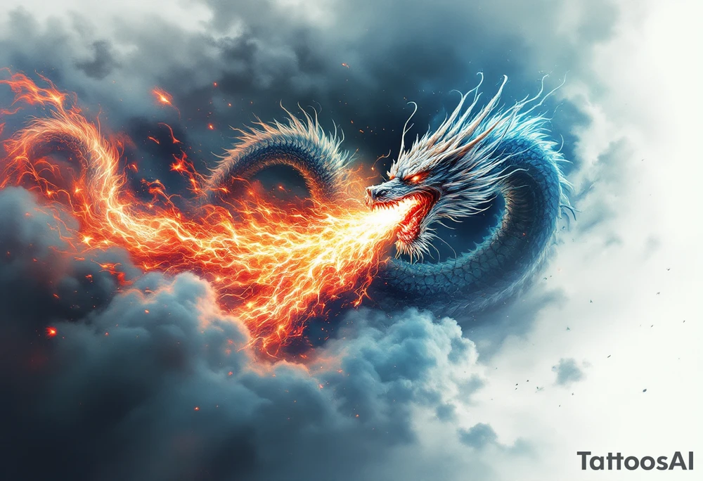 fierce dragon breathing iridescent fire against stormy skies tattoo idea