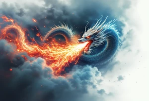 fierce dragon breathing iridescent fire against stormy skies tattoo idea