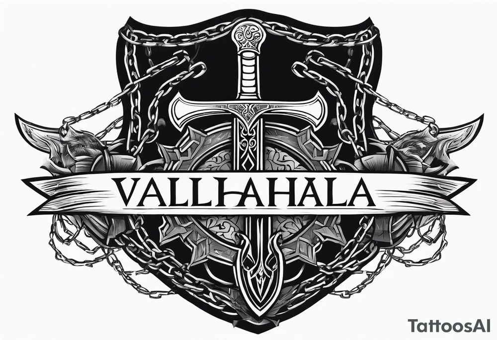 Valhalla sword shield axe barbed wire chains dark cloud tattoo idea