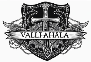 Valhalla sword shield axe barbed wire chains dark cloud tattoo idea