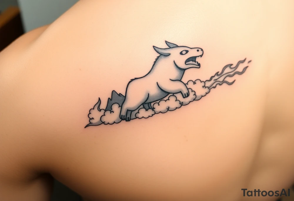 Appa (from Avatar the last airbender) flying in an arc across the upper arm.
-The sky/cloud shapes change as Appa passes over each “region”:
-mountain/clouds shaped like Ohio
-breezy, swirl-like clouds, open sky
-rolling wave-like forms, maybe trees dripping into the clouds
-sharper, flame-styled cloud edges or skyline with spark texture
-Trailing behind Appa: the element symbols (from Avatar the last airbender)  in order of earth, air, fire water, like a sky trail.
-SpongeBob Easter Egg: A tiny jellyfish or bubble-blowing SpongeBob cloud tucked subtly into the scene. tattoo idea