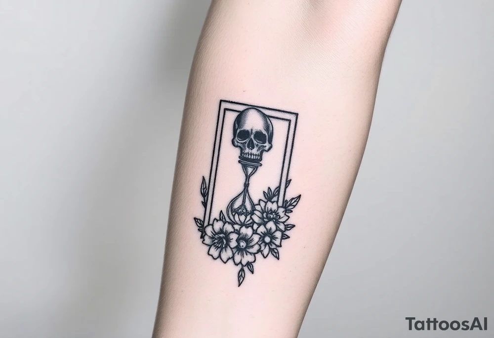 Death tarot card surrounded by a flower and hour glass tattoo idea